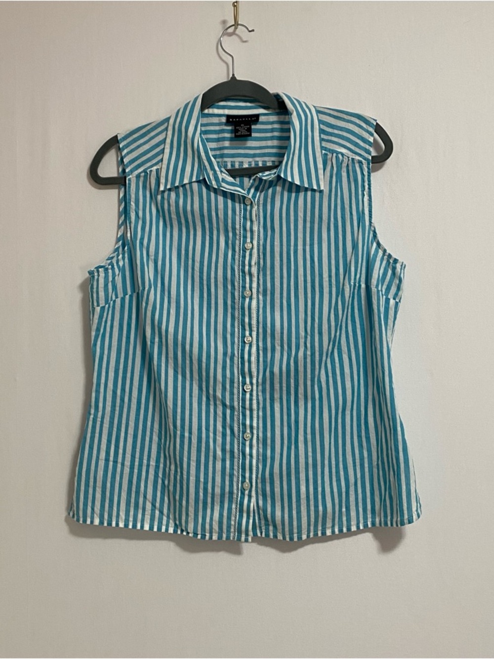 Rafaella Sleeveless Vertical Stripe Shirt - Turquoise/White